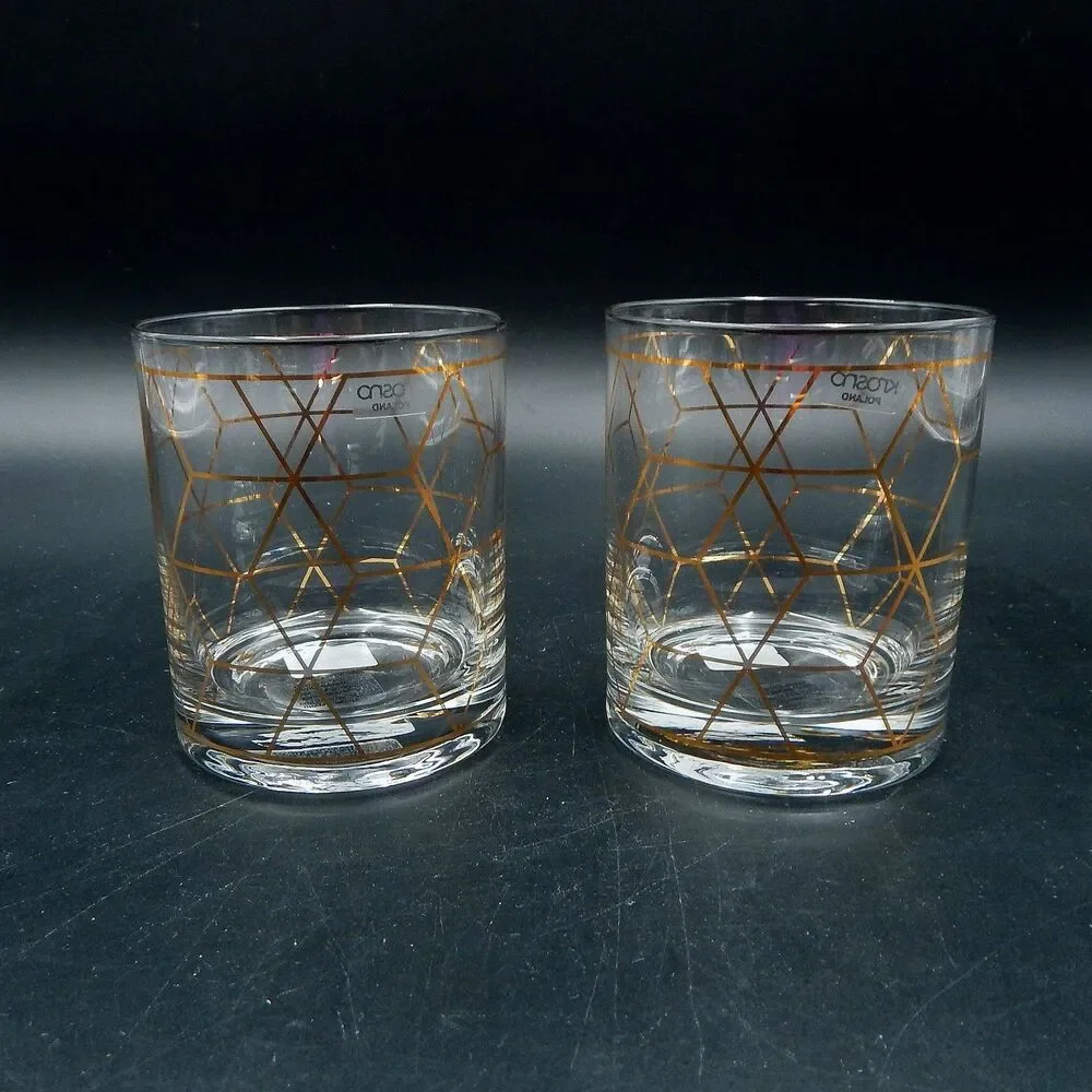 Crate & Barrel Jaxson Old Fashioned Rocks Glassware by Krosno Poland Gold Glass